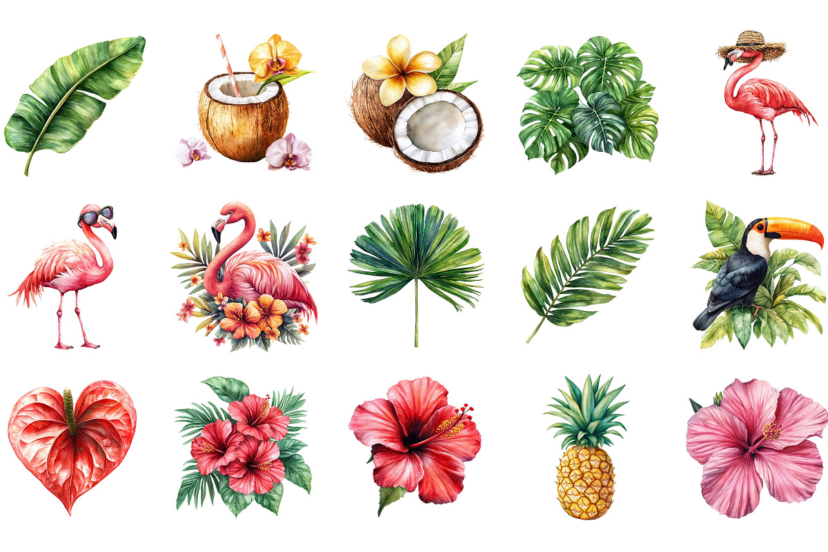 Tropical Flower Clipart Bundle, an Illustration by Designking (Photo 3 of 5)