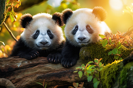 Twin panda cubs watching from their, an Animal Photo by Perpis
