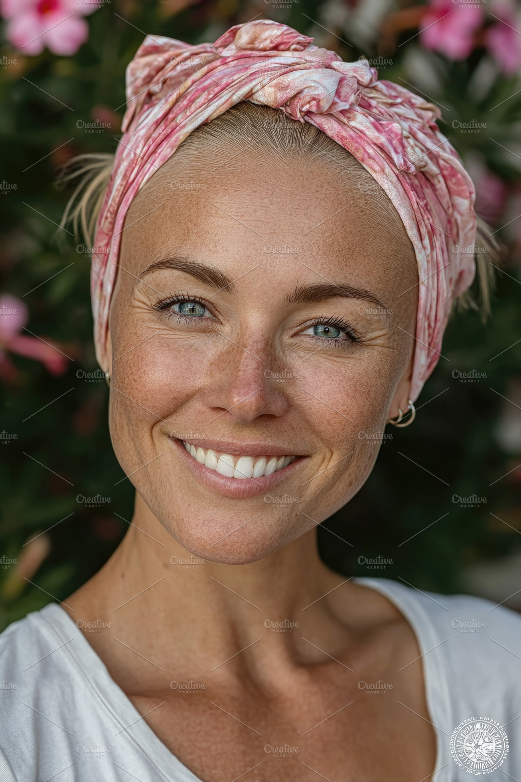 Smiling cancer survivor woman wearing pink headscarf in garden, a Person Photo by José Manuel Gelpi