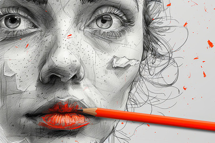Surreal sketch of face with vivid red pencil accents and textures, a Photo by AS photostudio