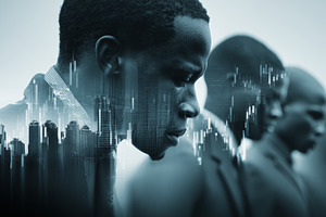 African business professionals in profile with stock market data overlay and ci, a Photo by AS photostudio