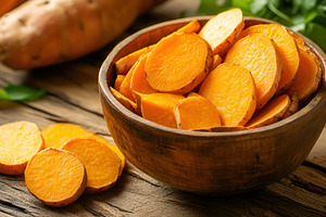 Sweet potatoes in rustic bowl, a Photo by Pavel_design
