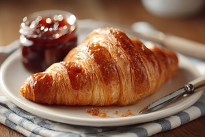 Freshly baked croissant with jam on a plate, a Food & Drink Photo by AlyaAnd