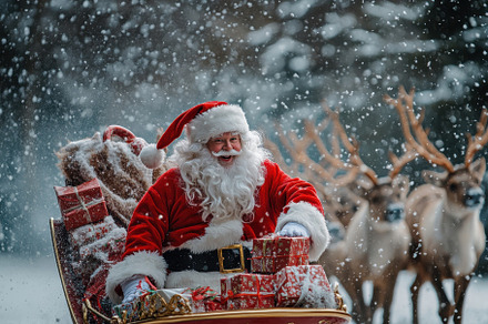 Santa Claus sits joyfully in his sle, a Photo by Tanuart