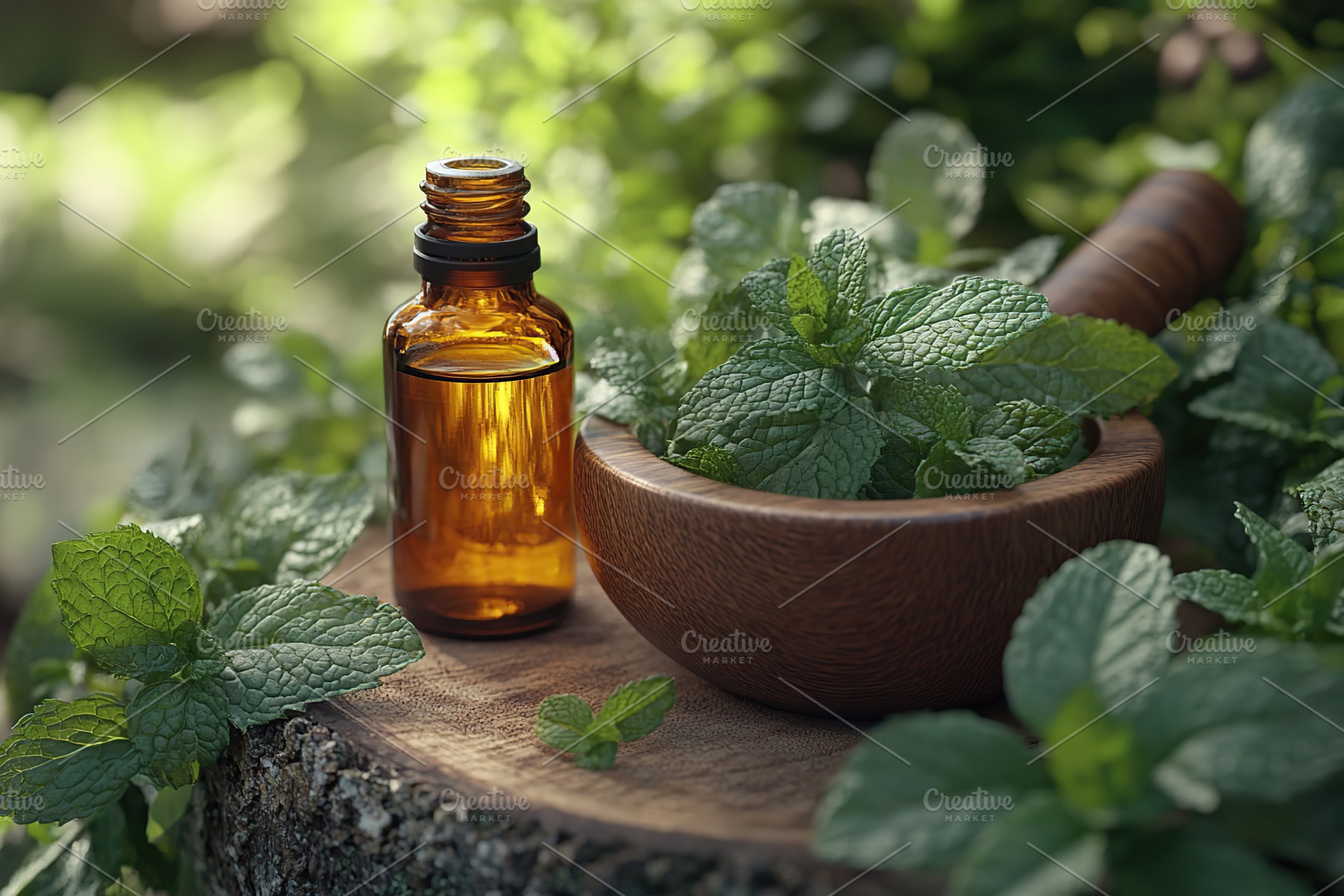 Small bottle of mint essential oil with mint leaves in mortar, a Health & Medical Photo by AlyaAnd