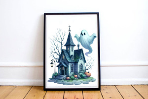 Watercolor Halloween Ghost House PNG