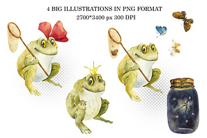 Watercolor Cartoon Frogs Set