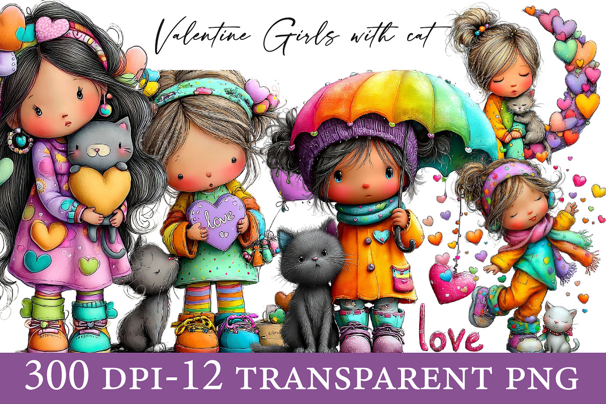 Valentine Girls with cat clipart, an Illustration by Designworld (Photo 1 of 6)