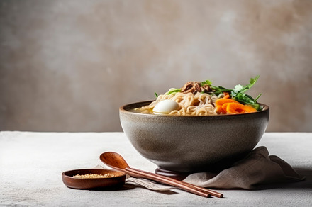 Ramen asian noodle in broth with Beef meat, mushroom, Ajitama pi