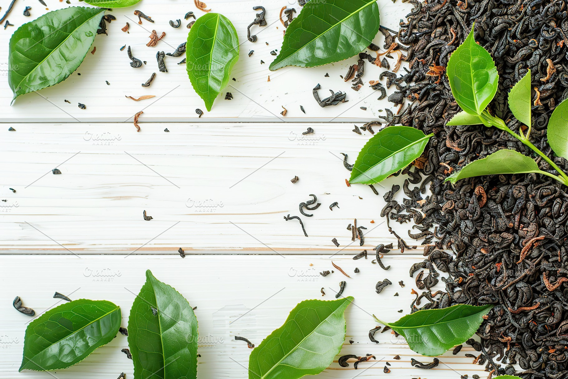 Dry tea leaves with fresh green tea leafs and copyspace on wooden background, a Food & Drink Photo by AlyaAnd