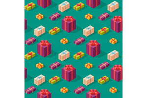 Gift Boxes Pack Composition Event Greeting Isometric Birthday Seamless Pattern Background Vector Illustration.