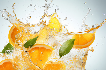 Fresh fruit floating orange juice or, a Food & Drink Photo by Pixeness