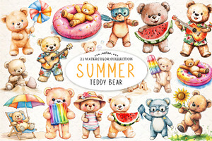 Summer Teddy Bear Clipart, an Illustration by Watercolor design
