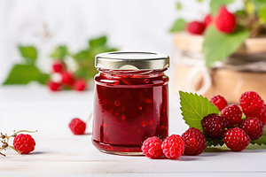 Raspberry jam and berries on wooden table, a Food & Drink Photo by AlyaAnd