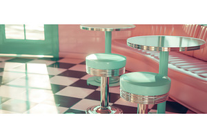 Retro 1950s pastel diner with, an Arts & Entertainment Photo by piter.goskov