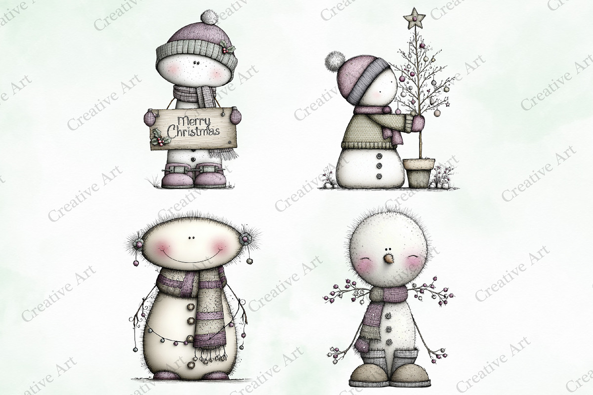 Whimsical Christmas Snowman Clipart, an Illustration by Creative Art (Photo 7 of 10)