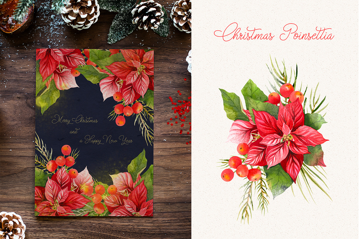 Christmas Poinsettia Floral Clipart, an Illustration by Julia M. Watercolor (Photo 4 of 11)