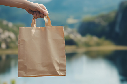Hand holds blank paper bag on a lake, a Background Photo by MistyDay