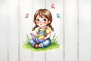 Cute Little Girl Reading Clipart, an Illustration by Watercolor design (Thumbnail 3 of 6)