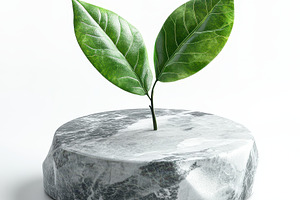 Green leaves sprout from a marble ba, an Abstract Photo by Pixeness Studio