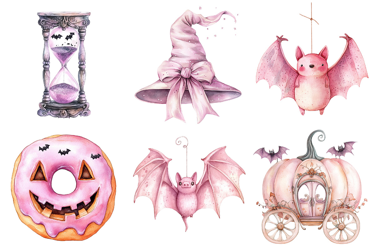 Watercolor Pink Halloween Clipart, a Seasonal Illustration by CitraGraphics (Photo 3 of 6)