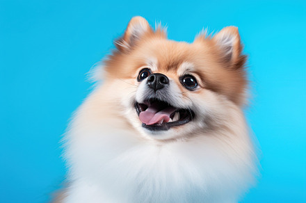 Pomeranian spitz on blue background, an Animal Photo by AlyaAnd