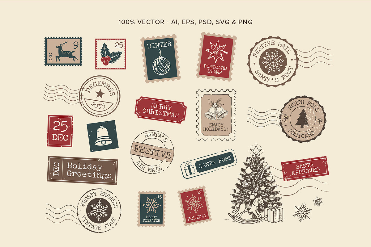 Christmas Vintage Travel Stamps, an Object Illustration by DesignerCandies (Photo 3 of 5)