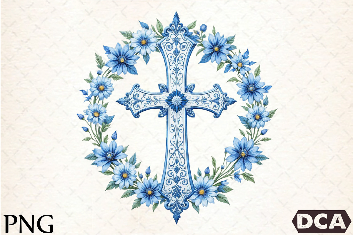 Blue Cross With Flowers Clipart, an Illustration by DreamCafeArt (Photo 1 of 7)