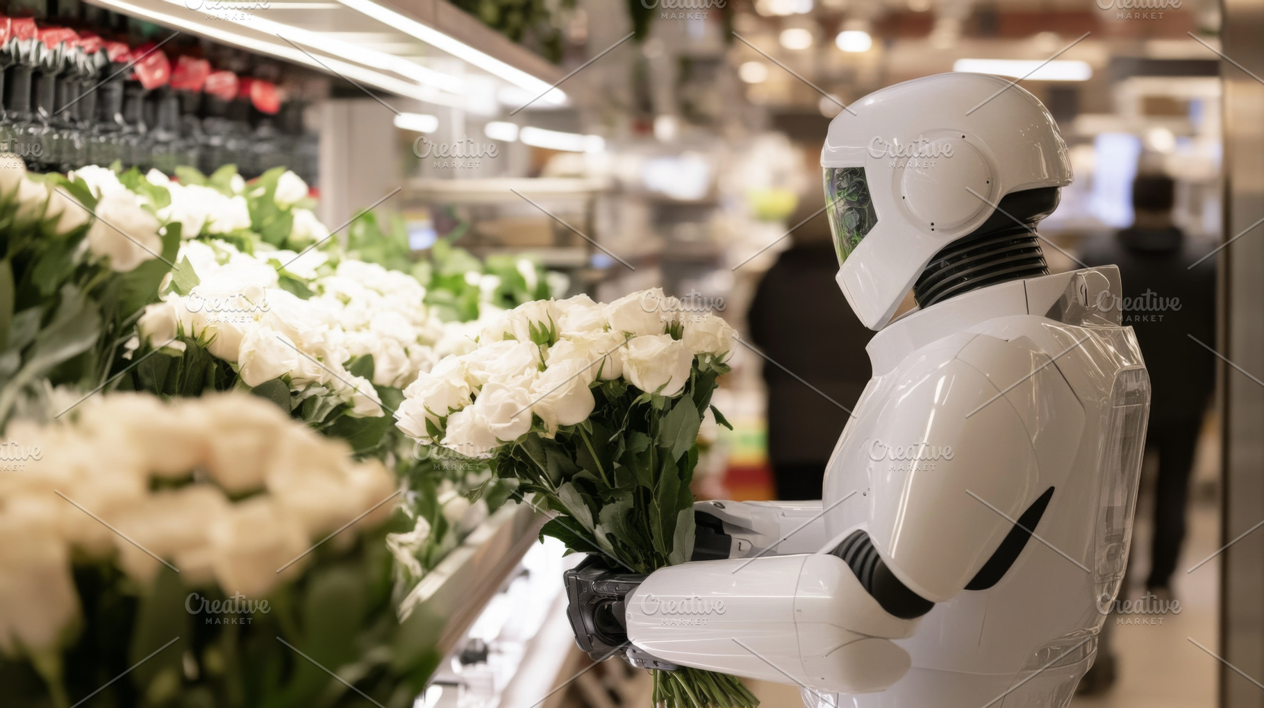 Robot carrying flowers in city stree, a Photo by Dvoevnore photos