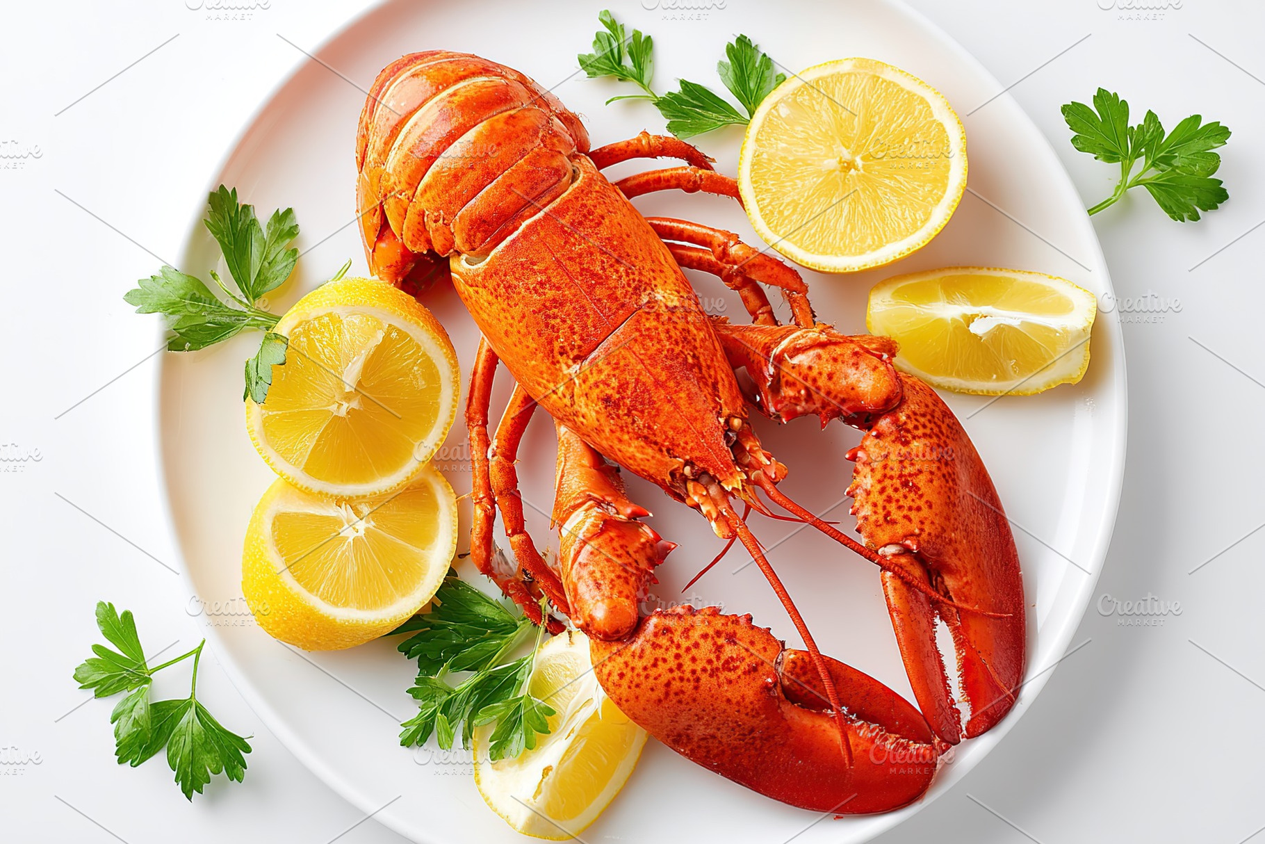 Lobster served with fresh lemon slices and parsley on a white plate, a Food & Drink Photo by AlyaAnd