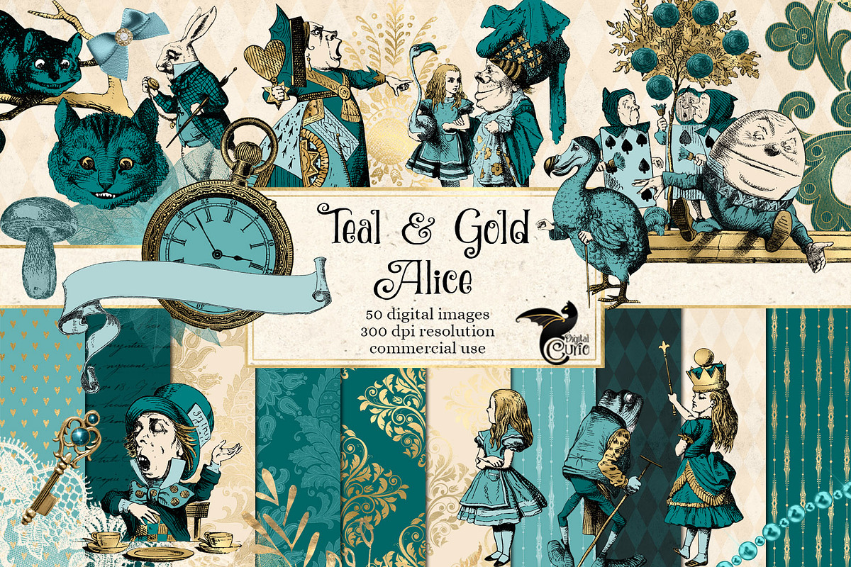Teal and Gold Alice in Wonderland, an Illustration by Digital Curio (Photo 1 of 5)