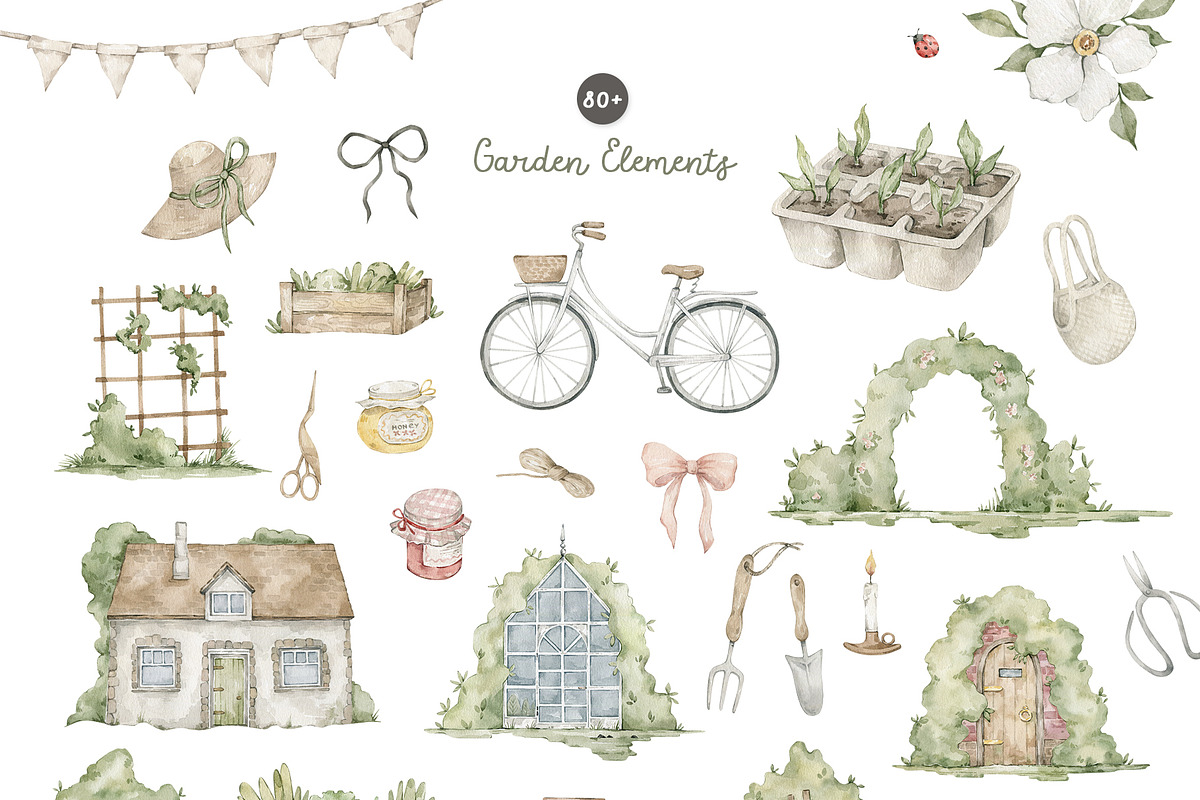 Spring Garden. Watercolor clipart, a Decorative Illustration by Kreker Kate (Photo 10 of 12)