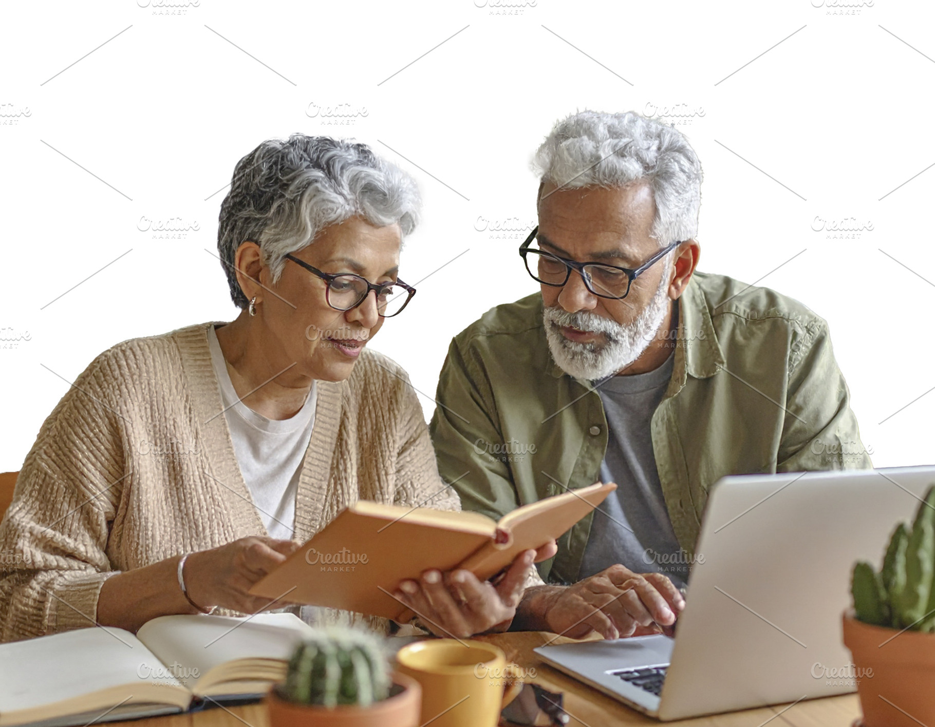 Elderly couple with books studying together isolated photo, a Person Photo by DanFLCreativo