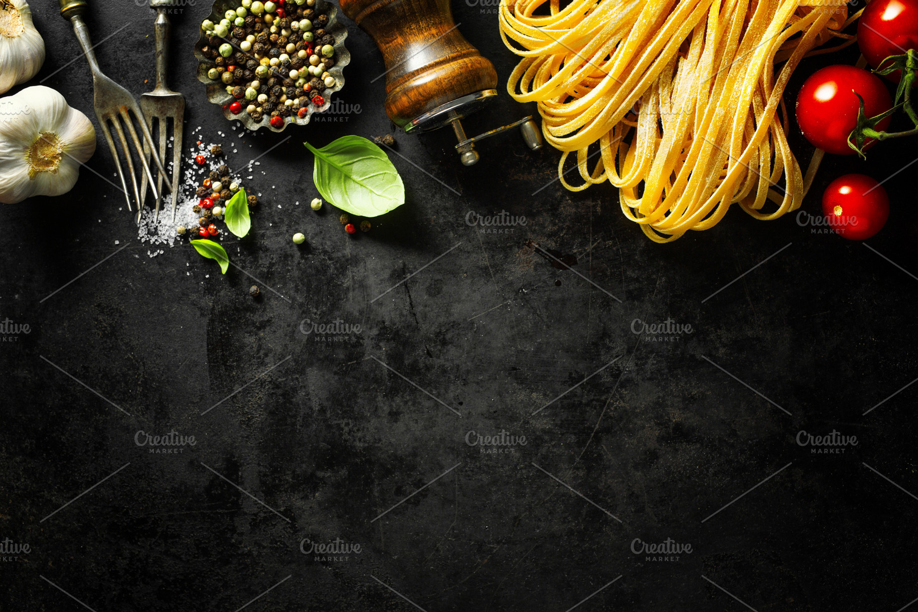 Italian food background with ingredi containing gastronomy, dark background, a Food & Drink Photo by Valeria Art