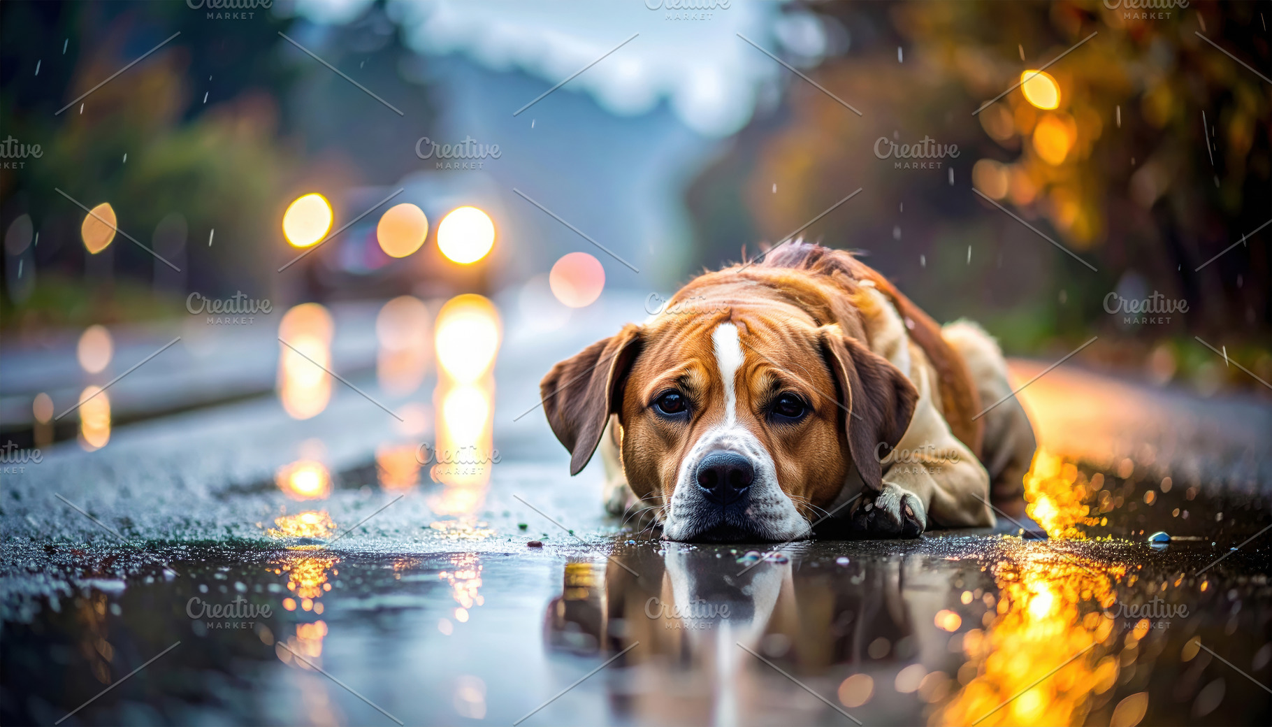 Abandoned dog lying on rainy road, an Animal Photo by Davizro's Market