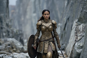 Female warrior in golden armor walks, a Photo by Pixeness Studio