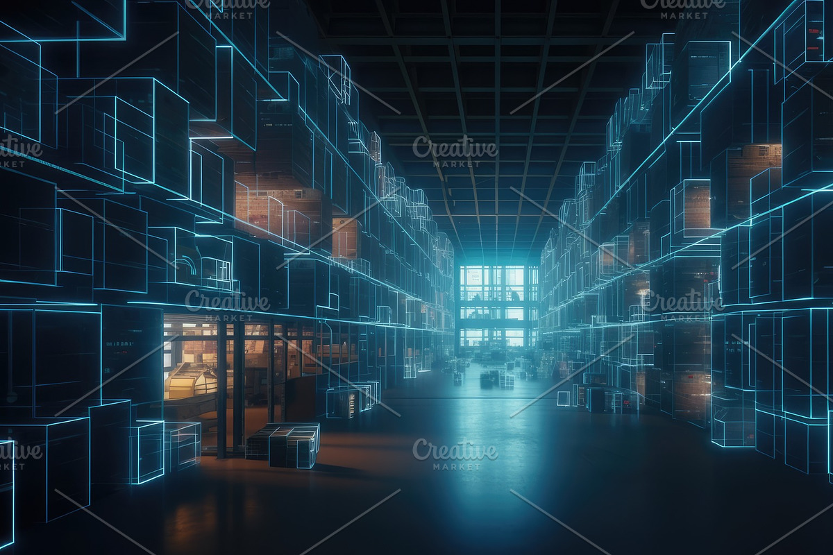 Futuristic Technology Retail Warehouse , modern warehouse storage of retail sho, an Illustration by WindWalker