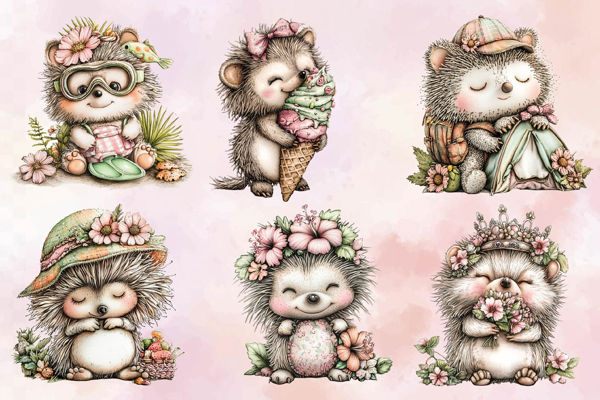 Whimsical Summer Hedgehogs Clipart, an Animal Illustration by SVGArt (Photo 3 of 9)