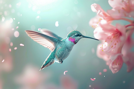 Hummingbird hanging in the air near the flower on blurred background, an Animal Photo by AlyaAnd