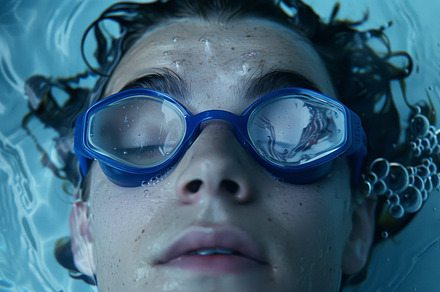 Close-up of swimmer floating in a po, a Photo by Dvoevnore photos