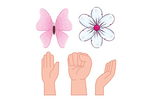 Set Icons With Flower, Butterfly And