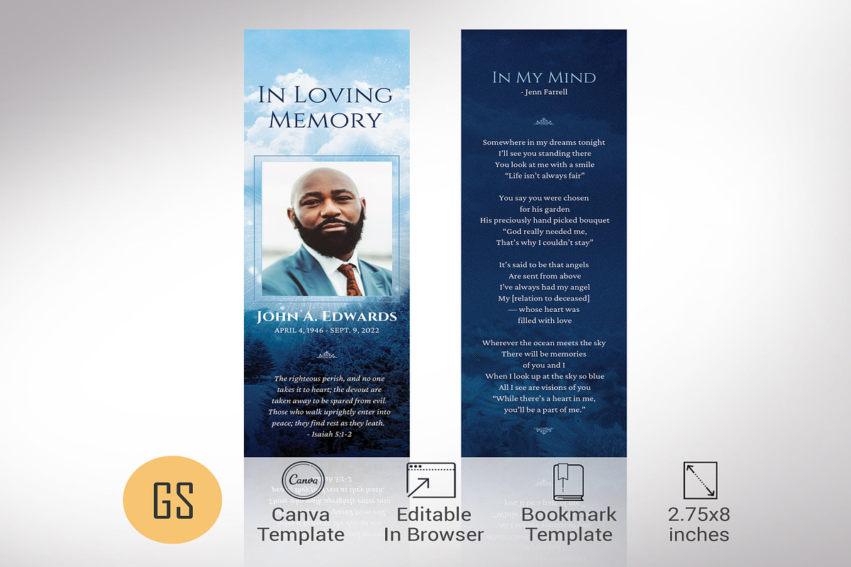 Blue Sky Funeral Bookmark Template, a Card Template by Godserv Designs (Photo 1 of 10)