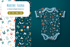 Marine Animals—2 Seamless Patterns, an Illustration by ApollinariaManko