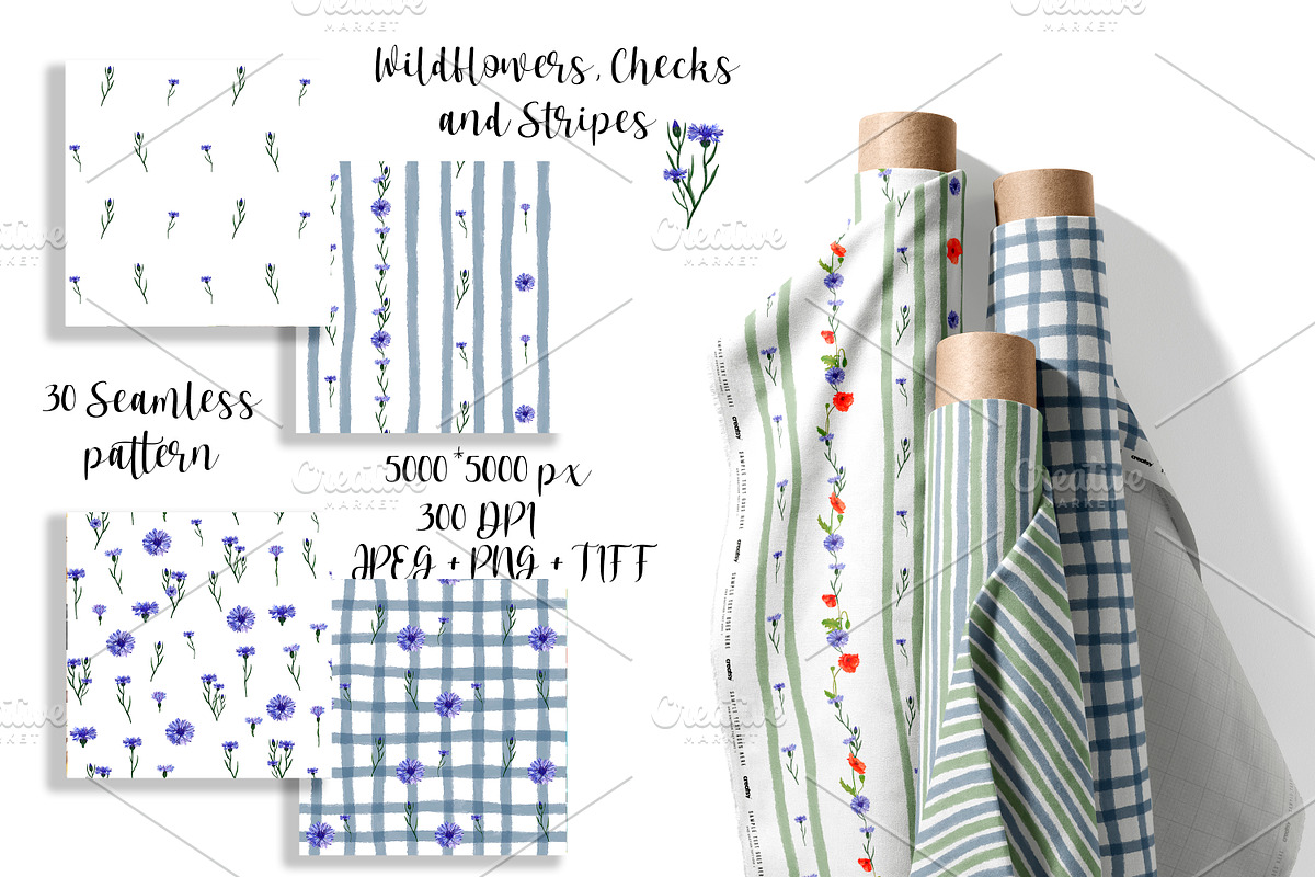 Wildflowers, stripes, checks bandle, a Pattern Graphic by Oksana Dovhopol Art (Photo 2 of 23)