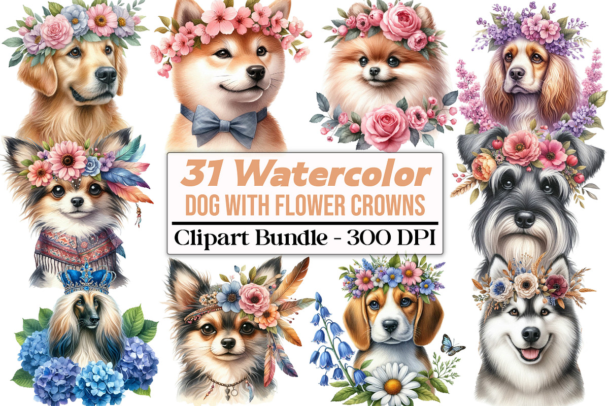 Watercolor Dog with Flower Crowns, an Animal Illustration by DreamCafeArt (Photo 1 of 5)