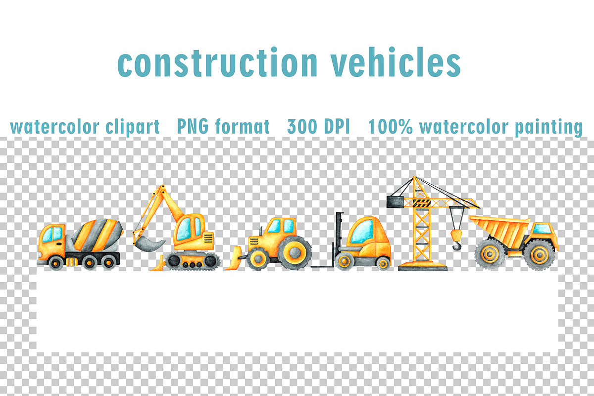 Construction vehicles watercolor set, a Transportation Illustration by SabinaWatercolorArt (Photo 11 of 20)