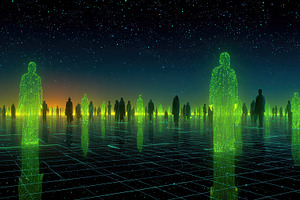 Glowing figures on a digital grid un, a Photo by Pixeness Studio