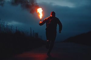 Man running with a torch at dusk in, a Photo by Iftikhar Alam
