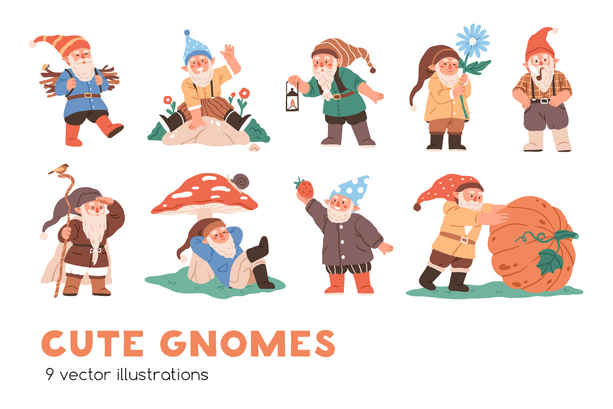 Cute cartoon gnomes, dwarfs set, an Illustration by Good Studio (Photo 1 of 7)