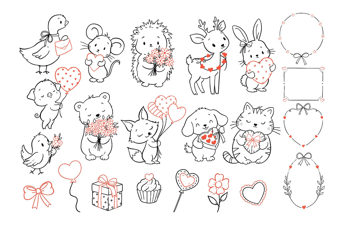 Valentine Animals Clipart Line Art, an Animal Illustration by ArtGiftsStudio (Photo 3 of 5)